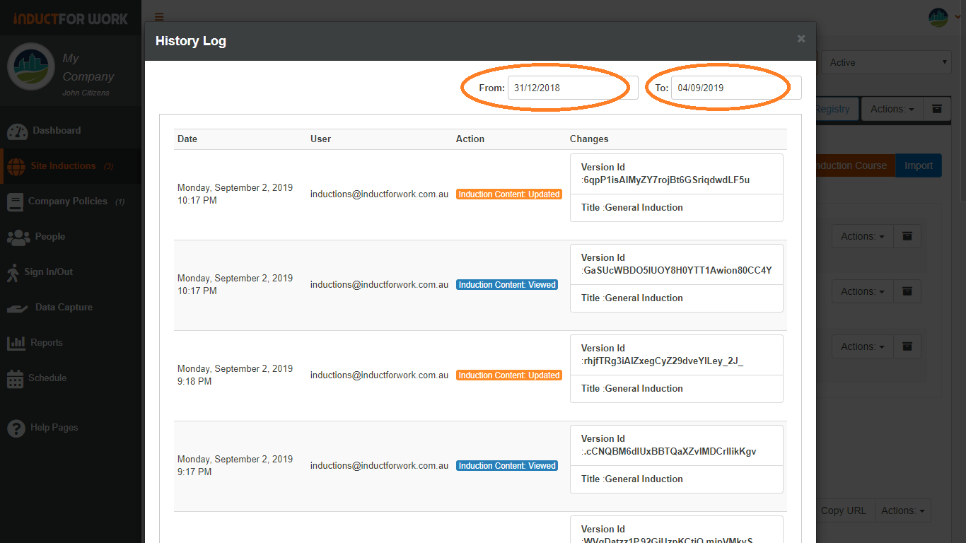 4g Activating admin history log Induct For Work Australia